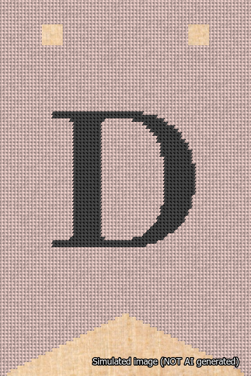 A simulated image of the stitched needlepoint design: Banner 18m Forked D Black on Pink. Not A.I. generated.