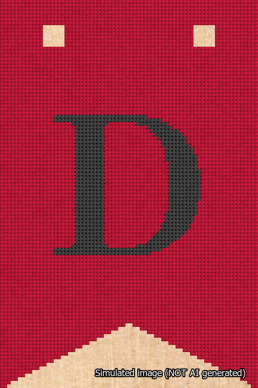 A simulated image of the stitched needlepoint design: Banner 18m Forked D Black on Red. Not A.I. generated.