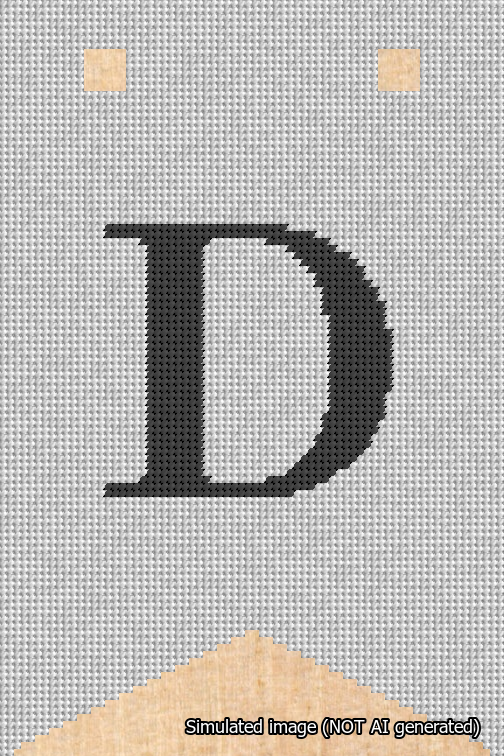 A simulated image of the stitched needlepoint design: Banner 18m Forked D Black on White. Not A.I. generated.
