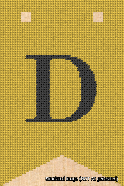 A simulated image of the stitched needlepoint design: Banner 18m Forked D Black on Yellow. Not A.I. generated.