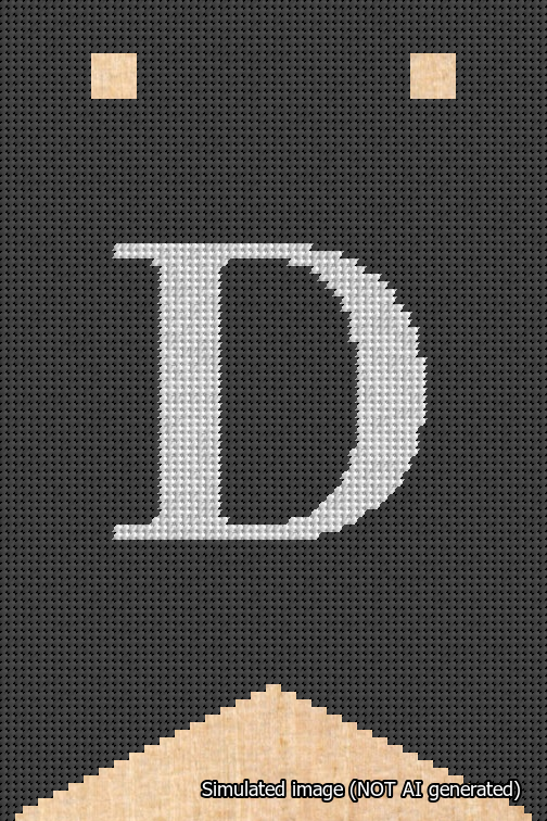 A simulated image of the stitched needlepoint design: Banner 18m Forked D White on Black. Not A.I. generated.