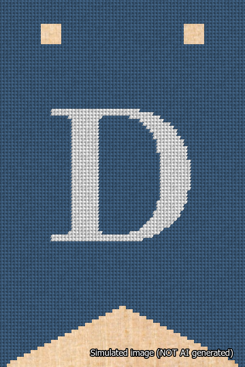 A simulated image of the stitched needlepoint design: Banner 18m Forked D White on Blue. Not A.I. generated.