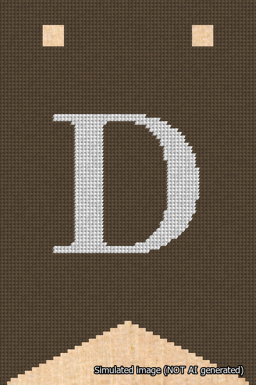 A simulated image of the stitched needlepoint design: Banner 18m Forked D White on Brown. Not A.I. generated.
