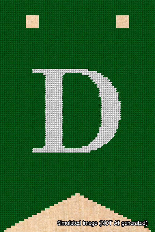 A simulated image of the stitched needlepoint design: Banner 18m Forked D White on Green. Not A.I. generated.