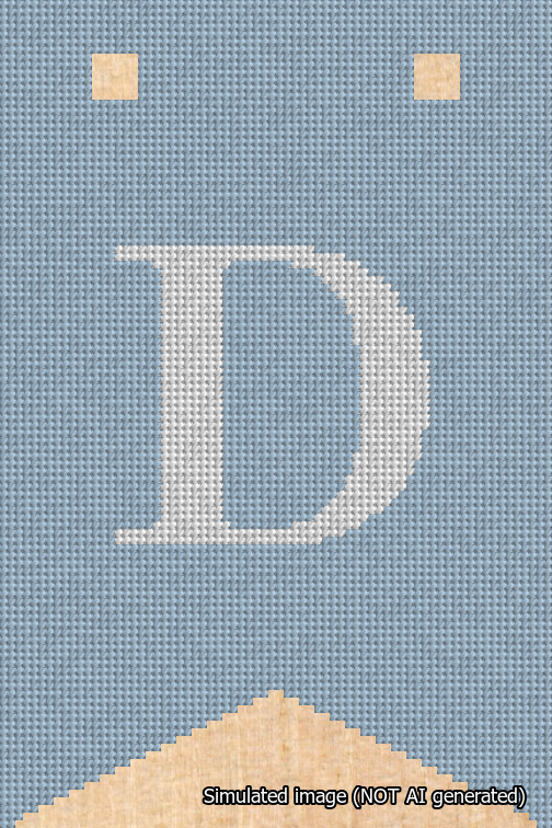 A simulated image of the stitched needlepoint design: Banner 18m Forked D White on Light Blue. Not A.I. generated.