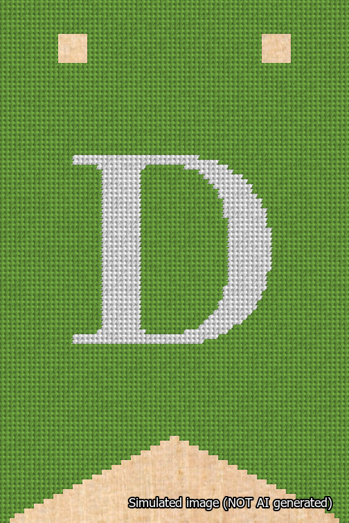 A simulated image of the stitched needlepoint design: Banner 18m Forked D White on Light Green. Not A.I. generated.