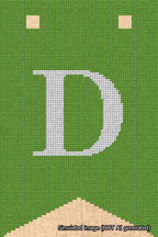 A simulated image of the stitched needlepoint design: Banner 18m Forked D White on Light Green. Not A.I. generated.