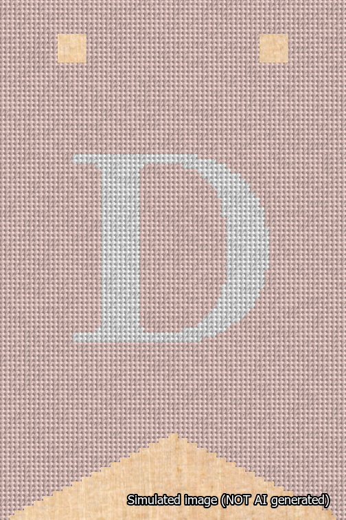 A simulated image of the stitched needlepoint design: Banner 18m Forked D White on Pink. Not A.I. generated.