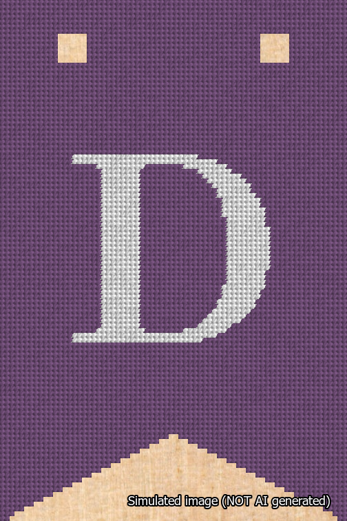A simulated image of the stitched needlepoint design: Banner 18m Forked D White on Purple. Not A.I. generated.
