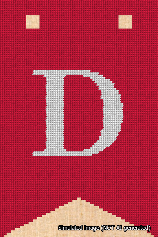 A simulated image of the stitched needlepoint design: Banner 18m Forked D White on Red. Not A.I. generated.