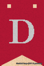 A simulated image of the stitched needlepoint design: Banner 18m Forked D White on Red. Not A.I. generated.