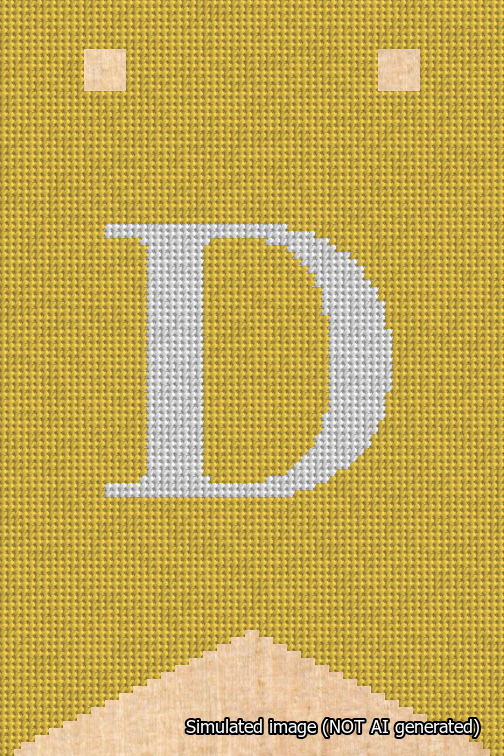 A simulated image of the stitched needlepoint design: Banner 18m Forked D White on Yellow. Not A.I. generated.