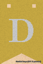 A simulated image of the stitched needlepoint design: Banner 18m Forked D White on Yellow. Not A.I. generated.