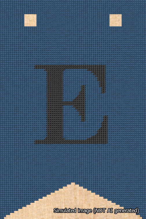 A simulated image of the stitched needlepoint design: Banner 18m Forked E Black on Blue. Not A.I. generated.