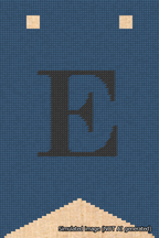 A simulated image of the stitched needlepoint design: Banner 18m Forked E Black on Blue. Not A.I. generated.