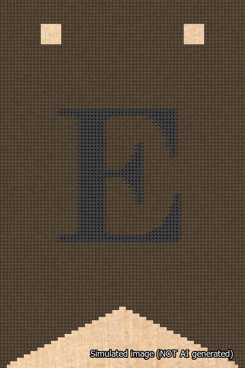 A simulated image of the stitched needlepoint design: Banner 18m Forked E Black on Brown. Not A.I. generated.