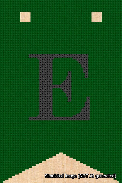 A simulated image of the stitched needlepoint design: Banner 18m Forked E Black on Green. Not A.I. generated.