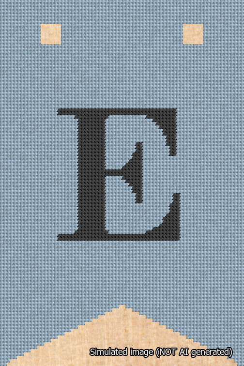 A simulated image of the stitched needlepoint design: Banner 18m Forked E Black on Light Blue. Not A.I. generated.