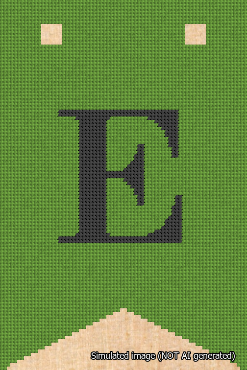 A simulated image of the stitched needlepoint design: Banner 18m Forked E Black on Light Green. Not A.I. generated.