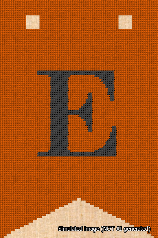 A simulated image of the stitched needlepoint design: Banner 18m Forked E Black on Orange. Not A.I. generated.