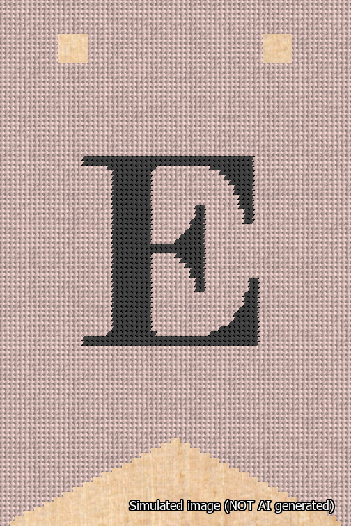 A simulated image of the stitched needlepoint design: Banner 18m Forked E Black on Pink. Not A.I. generated.