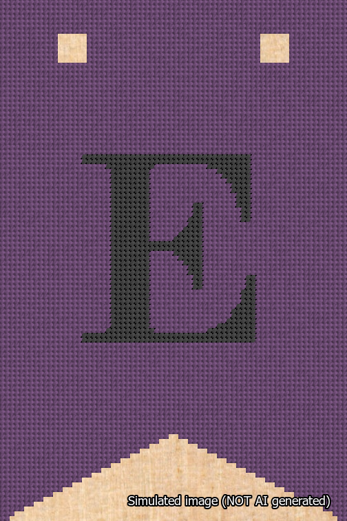 A simulated image of the stitched needlepoint design: Banner 18m Forked E Black on Purple. Not A.I. generated.