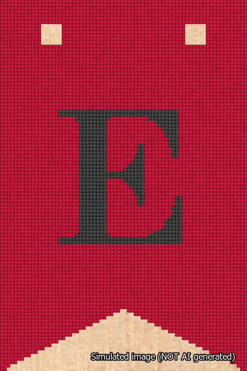 A simulated image of the stitched needlepoint design: Banner 18m Forked E Black on Red. Not A.I. generated.