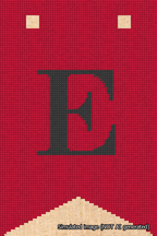 A simulated image of the stitched needlepoint design: Banner 18m Forked E Black on Red. Not A.I. generated.