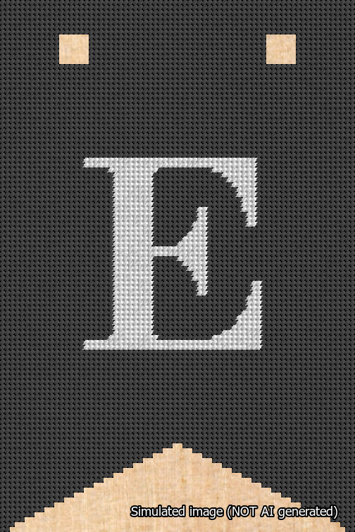 A simulated image of the stitched needlepoint design: Banner 18m Forked E White on Black. Not A.I. generated.