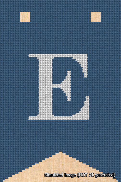 A simulated image of the stitched needlepoint design: Banner 18m Forked E White on Blue. Not A.I. generated.