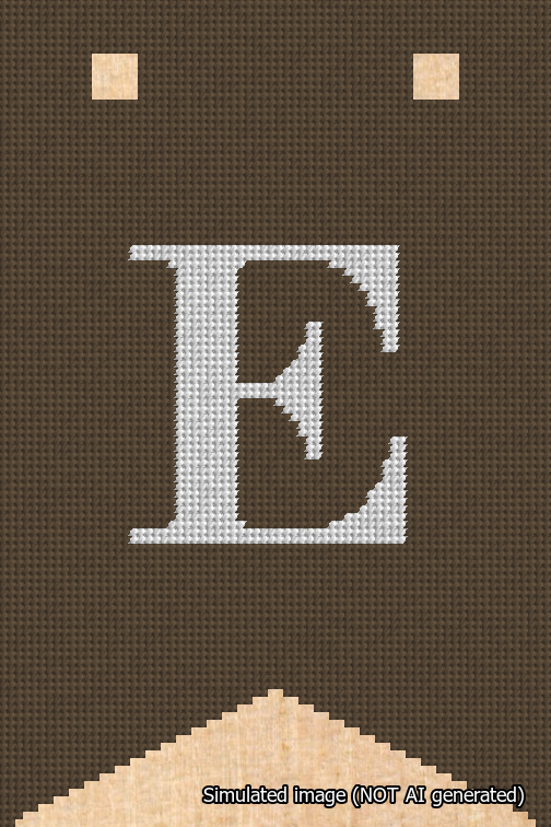 A simulated image of the stitched needlepoint design: Banner 18m Forked E White on Brown. Not A.I. generated.