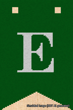 A simulated image of the stitched needlepoint design: Banner 18m Forked E White on Green. Not A.I. generated.