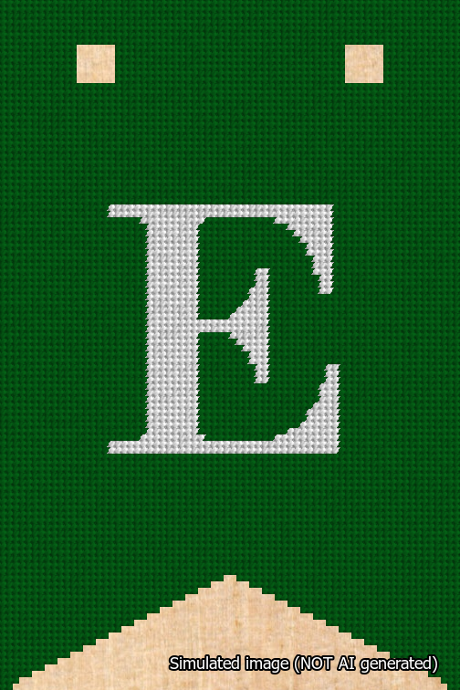 A simulated image of the stitched needlepoint design: Banner 18m Forked E White on Green. Not A.I. generated.