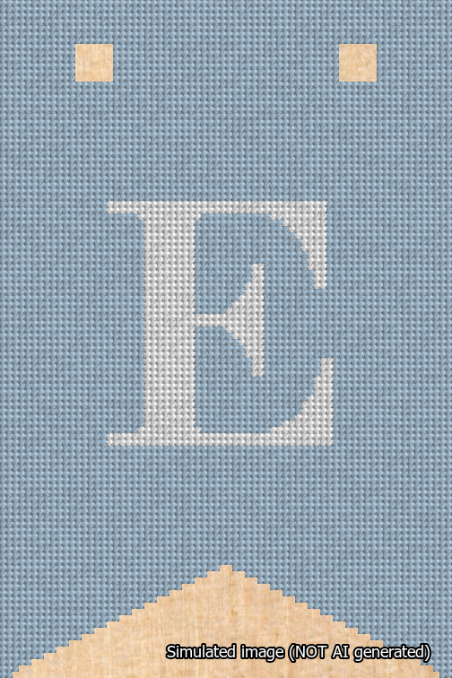 A simulated image of the stitched needlepoint design: Banner 18m Forked E White on Light Blue. Not A.I. generated.