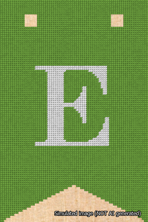 A simulated image of the stitched needlepoint design: Banner 18m Forked E White on Light Green. Not A.I. generated.