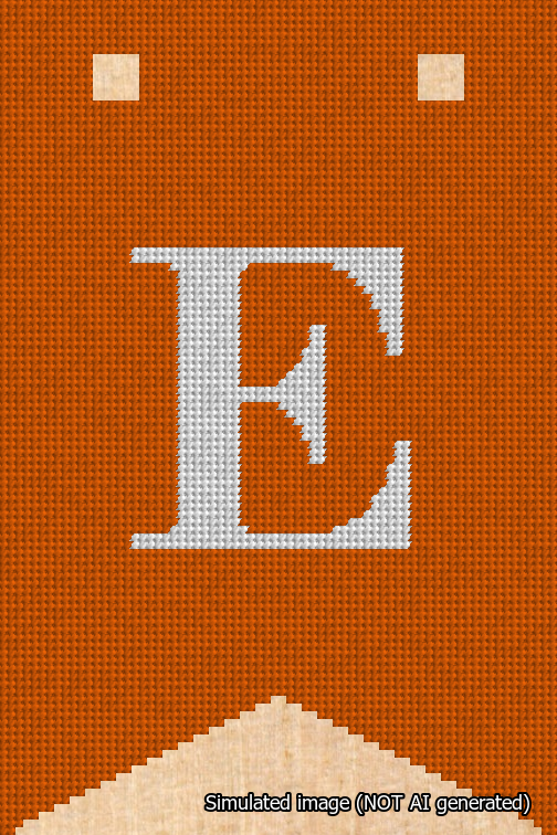 A simulated image of the stitched needlepoint design: Banner 18m Forked E White on Orange. Not A.I. generated.
