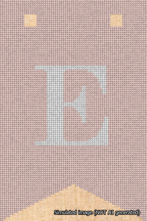 A simulated image of the stitched needlepoint design: Banner 18m Forked E White on Pink. Not A.I. generated.