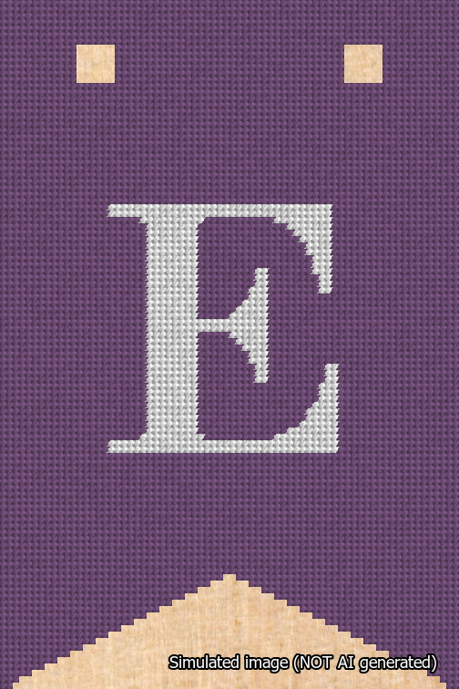 A simulated image of the stitched needlepoint design: Banner 18m Forked E White on Purple. Not A.I. generated.