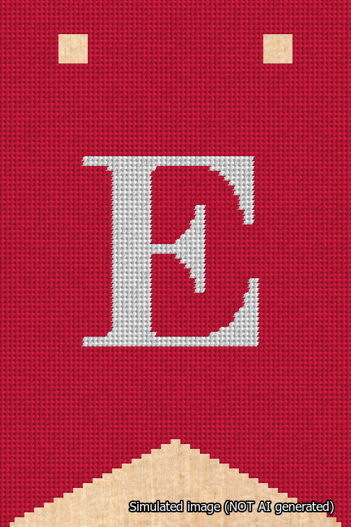 A simulated image of the stitched needlepoint design: Banner 18m Forked E White on Red. Not A.I. generated.