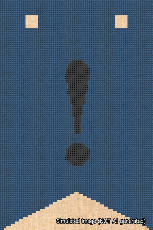 A simulated image of the stitched needlepoint design: Banner 18m Forked Exclamation Black on Blue. Not A.I. generated.