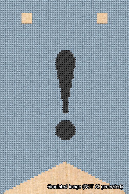 A simulated image of the stitched needlepoint design: Banner 18m Forked Exclamation Black on Light Blue. Not A.I. generated.