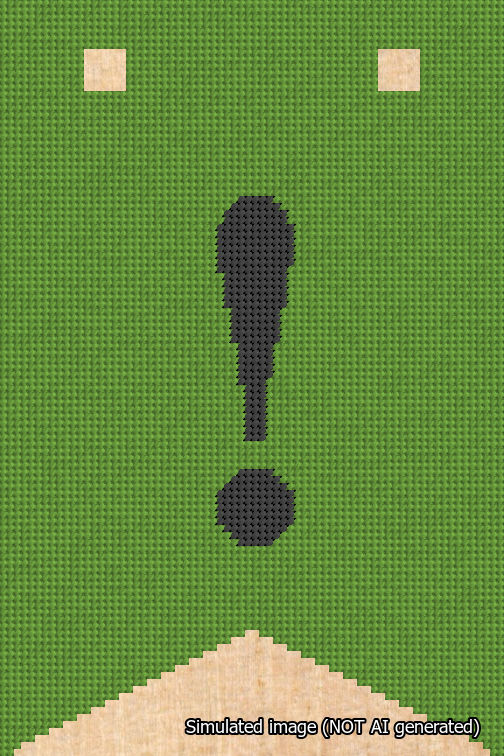 A simulated image of the stitched needlepoint design: Banner 18m Forked Exclamation Black on Light Green. Not A.I. generated.