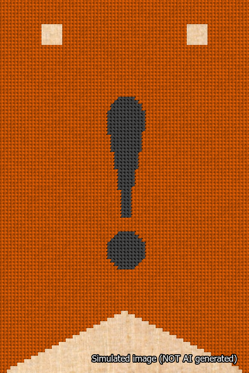 A simulated image of the stitched needlepoint design: Banner 18m Forked Exclamation Black on Orange. Not A.I. generated.