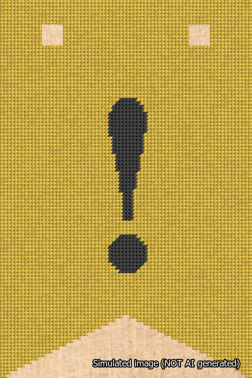 A simulated image of the stitched needlepoint design: Banner 18m Forked Exclamation Black on Yellow. Not A.I. generated.