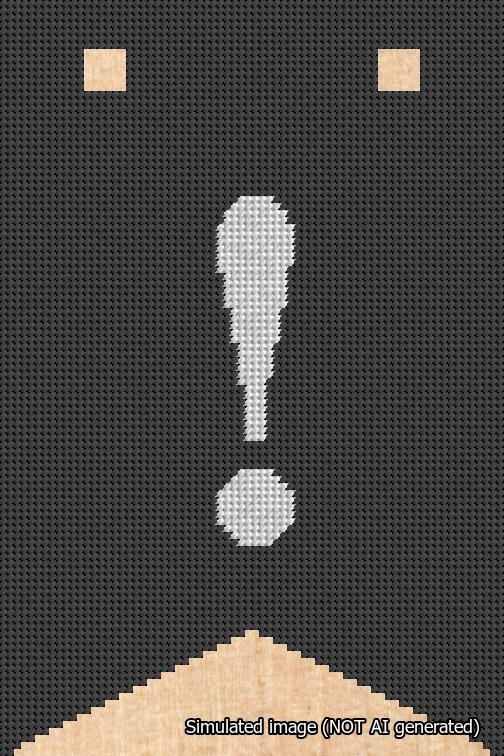 A simulated image of the stitched needlepoint design: Banner 18m Forked Exclamation White on Black. Not A.I. generated.