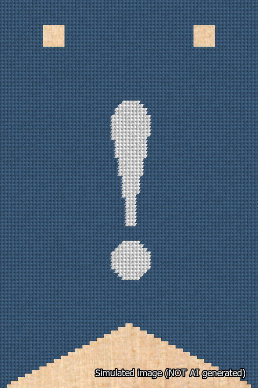 A simulated image of the stitched needlepoint design: Banner 18m Forked Exclamation White on Blue. Not A.I. generated.