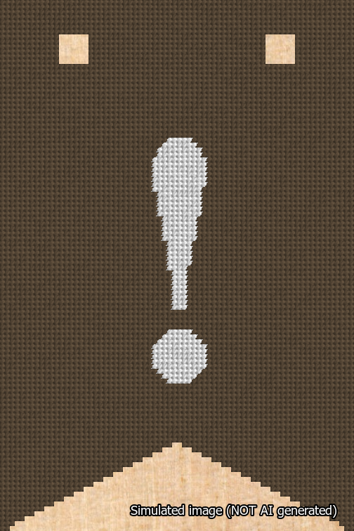 A simulated image of the stitched needlepoint design: Banner 18m Forked Exclamation White on Brown. Not A.I. generated.