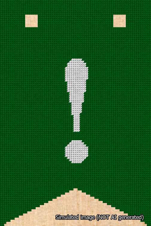 A simulated image of the stitched needlepoint design: Banner 18m Forked Exclamation White on Green. Not A.I. generated.