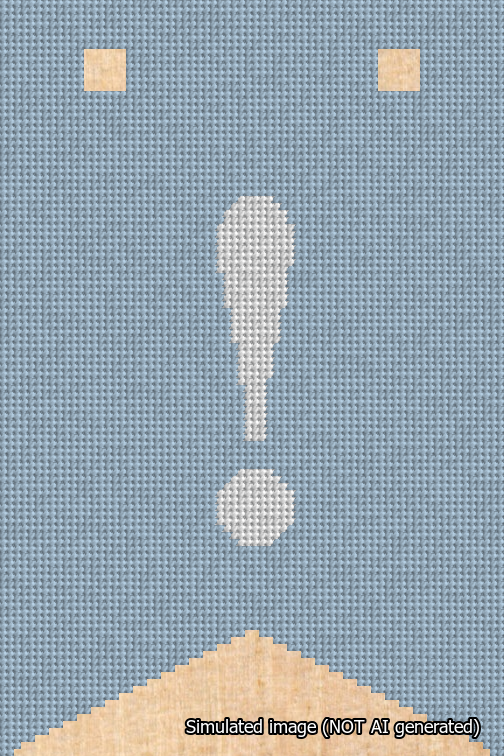 A simulated image of the stitched needlepoint design: Banner 18m Forked Exclamation White on Light Blue. Not A.I. generated.