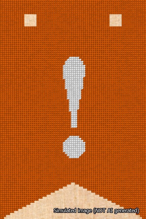 A simulated image of the stitched needlepoint design: Banner 18m Forked Exclamation White on Orange. Not A.I. generated.